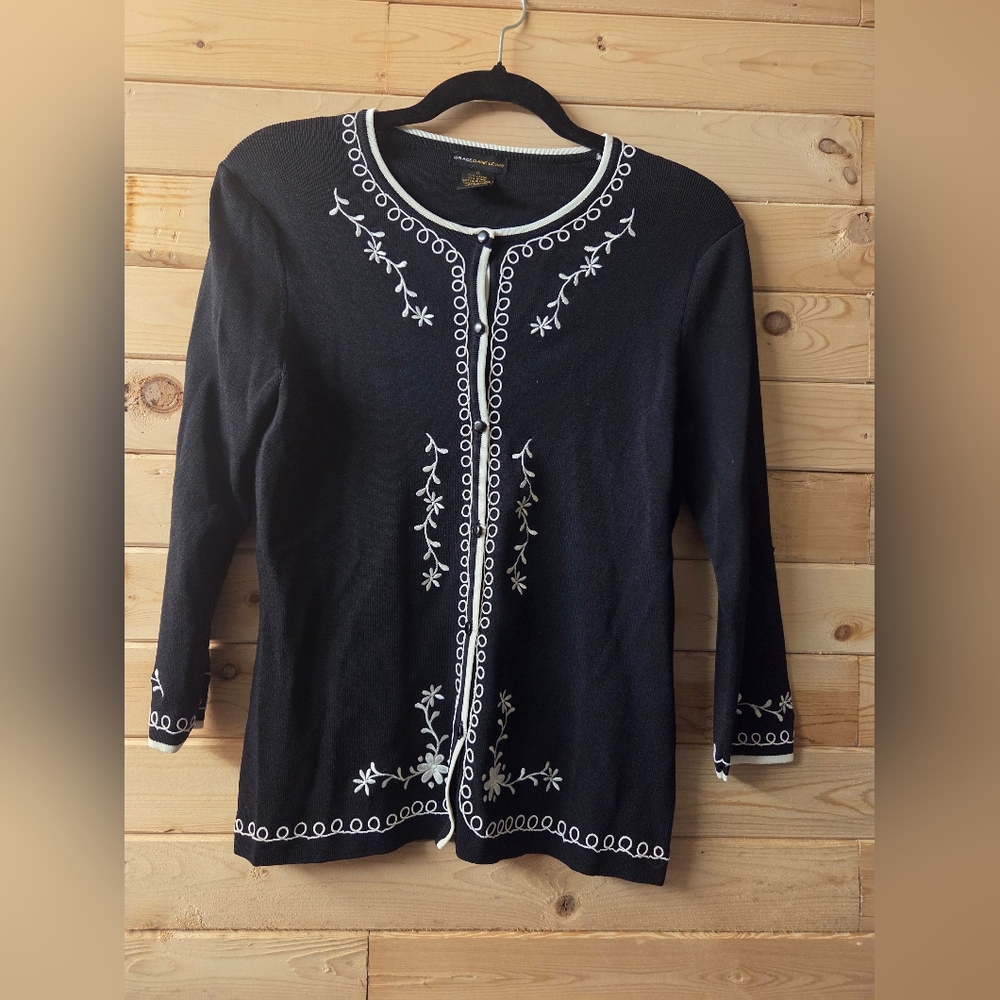 Grace Dane Lewis Black Cardigan with White Trim EUC Size S